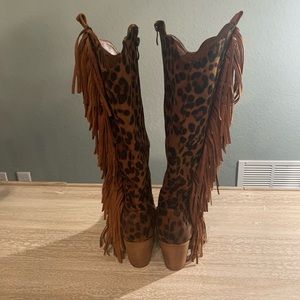 Leopard cowgirl boots with fringe